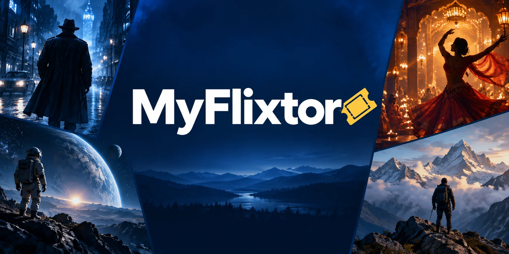 MyFlixtor white wordmark and yellow cinema ticket with blue cinematic artwork